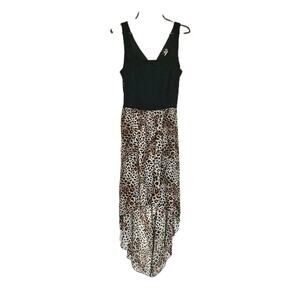 Vtg Y2K Deb Hi Low Midi Dress Size L Cheetah Leopard Lace Black Cutout Back